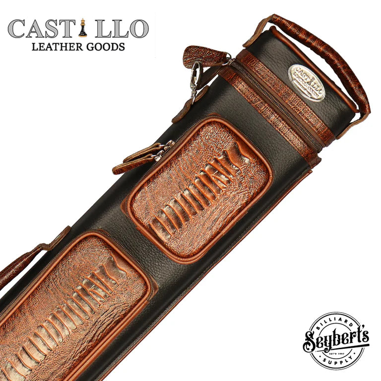 Castillo Black Leather with Cognac Ostrich Leg Accent 3x5 Hard Leather Pool Cue Case