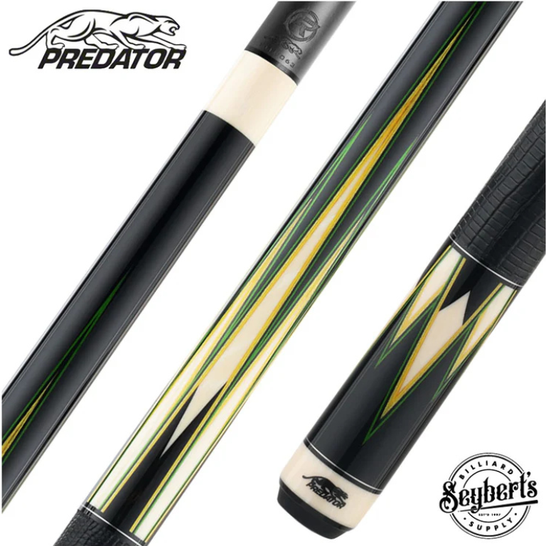 Predator Truesplice 16 Ebony Forearm with Green and Yellow Veneers Pool Cue with Lizard Wrap - Radial